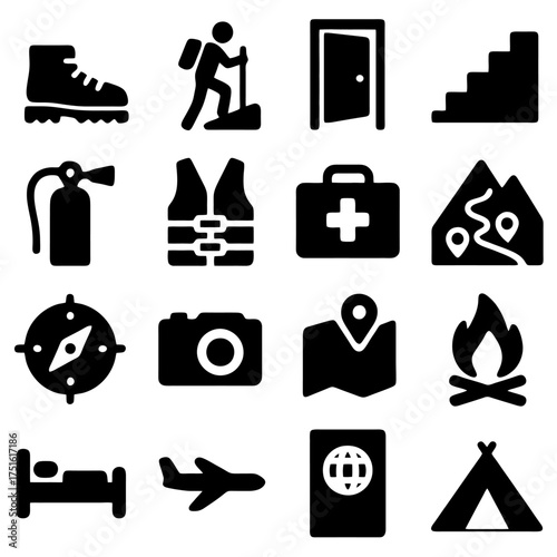 Adventure and Travel Icon Set: A collection of iconic illustrations representing the spirit of adventure and exploration, perfect for travel-related projects.