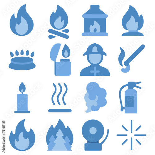 Fire and Safety Icons: A collection of blue icons visually representing fire, flames, and related safety elements, offering a clear and concise depiction of fire safety concepts.