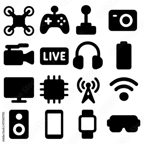 Tech Icons: A collection of sleek, simple icons representing a variety of modern technological devices and elements.