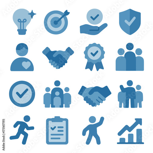 Business Icon Collection: a comprehensive set of business-related icons, illustrating concepts such as goals, teamwork, quality, and success, all rendered in a consistent and professional style.