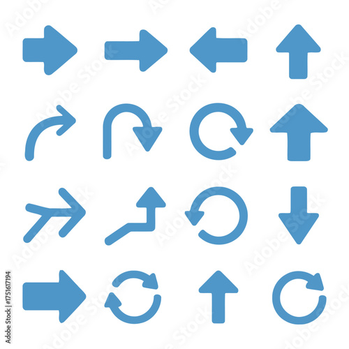 Directional Arrows: A collection of blue arrows showcasing various directions and movements on a clean, uncluttered canvas. Emphasizing simple and clear directional symbols.