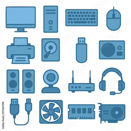Essential Computer Components: A vibrant illustration showcasing an array of essential computer components, perfect for technological themes, office setting, and design project needs.