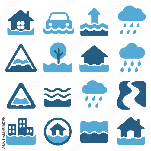 Flooding Icons: A collection of simple illustrations represent flood-related hazards and situations, offering a visual guide to potential dangers and impacts of flooding.