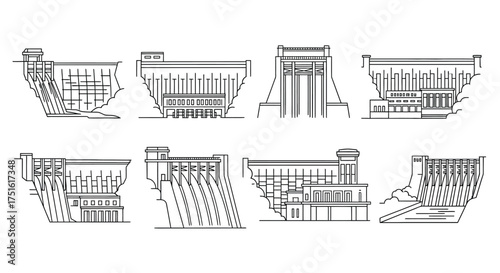 Set of dam isolated on white background in simple line drawing style