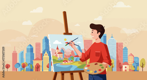 Young Artist Painting a Landscape on Canvas with Brush and Palette