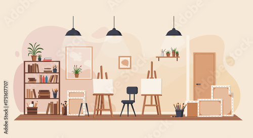 Bright and Organized Art Studio Interior with Easels and Supplies