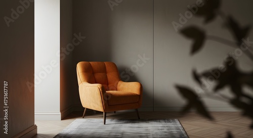 Modern Orange Armchair with Subtle Shadows in Minimalist Interior