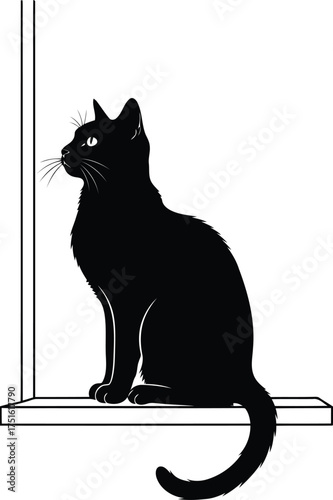 Vector art of a sleek black cat sits elegantly on a windowsill, silhouetted against a bright background, gazing intently to the side
