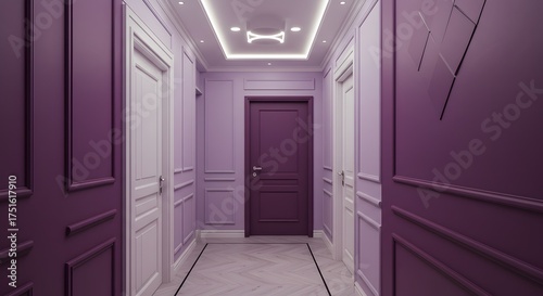 Modern Purple Hallway with Paneled Walls and Herringbone Floor