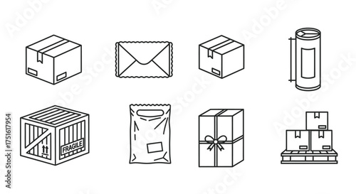 Isometric outline of shipping and delivery icons isolated on white background
