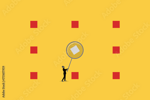 Businessman with Magnifying glass looking idea lightbulb, concept of startup idea and problem solving. 3