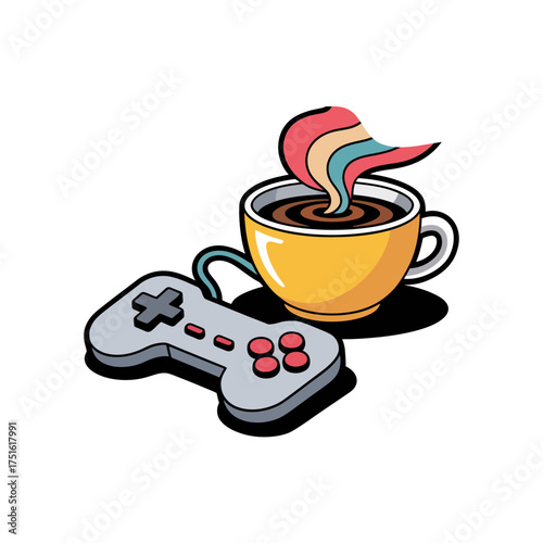 Coffee and controller illustration, warm latte swirl, cozy gamer morning, casual streaming vibe, relaxed playtime vector art