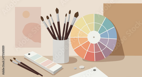 Artistic Still Life with Brushes, Color Wheel, and Palette