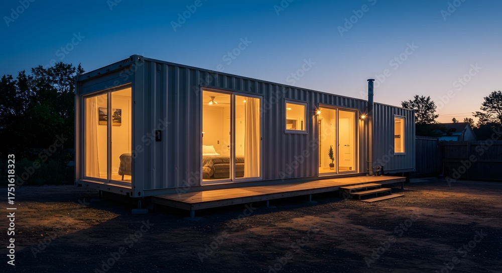 Fototapeta premium Modern Shipping Container Home at Dusk