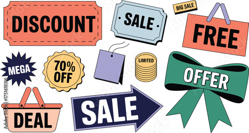 Assorted Colorful Sale Signage with Discount, Free, Offer, Deal, Big Sale, and Percentage Off