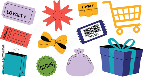 Assorted Icons Loyalty Cards, Coupons, Bow, Gift, Shopping Cart, Purse, and Shopping Bag