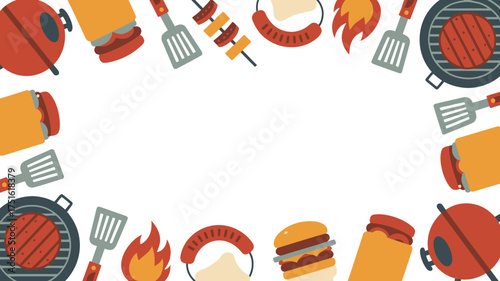 Barbecue Grill Elements Border Grills, Spatulas, Hot Dogs, Burgers, and Kebabs Illustration