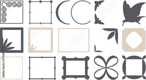 Assortment of Borders and Silhouette Design Elements Including Butterfly, Crescent, Floral and Square Shapes