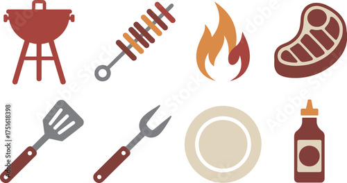 Barbecue Grill with Kabob, Steak, Utensils, Plate, Fire, and BBQ Sauce
