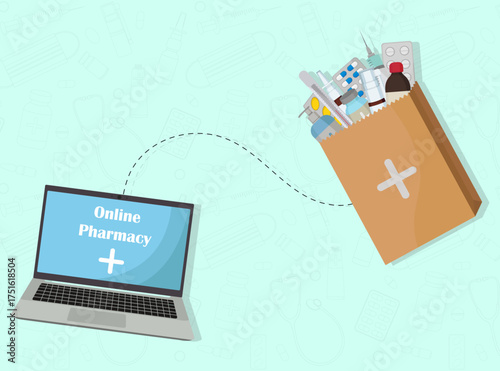 Online pharmacy laptop and shopping bag with medicine Blister pills tablets spray injection thermometer