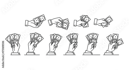 Hand holding money line art isolated on white background for graphic design