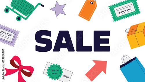 Bold SALE Surrounded by Shopping Cart, Coupon, Gift Box, and Discount Elements Illustration