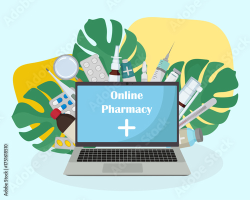 Online pharmacy Laptop leaves and medicine composition Blister pills tablets spray injection