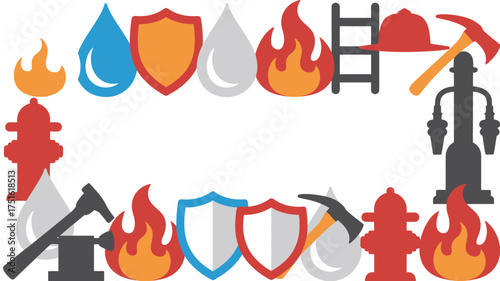 Border of Firefighting Elements Flames, Water Droplets, Shields, Hydrants, Hatchet, Ladder, and Firefighter Helmet