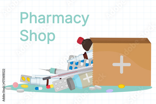Pharmacy shop composition Medication in shopping bag blister pill spray tube thermometre