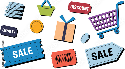 Bright Cartoon Illustration of Shopping Elements Gift Box, Sales Tickets, Coins and a Cart