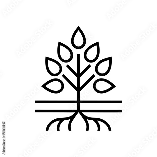 A symbolic tree icon with visible roots, representing connection, foundation, and personal growth.