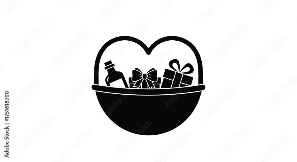Fototapeta premium Black silhouette of a heart shaped gift basket with bottle and presents