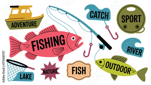 Cartoon Fishing Illustration Fish, Adventure Boat, Lake, River, Nature, Outdoor Sport Graphics