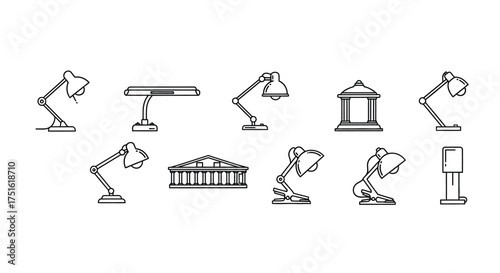 Collection of desk lamps isolated on white background, with a building icon