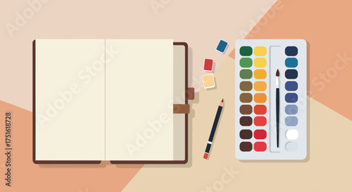 Open Sketchbook with Watercolor Palette and Pencil for Artistic Creation