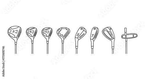 Collection of golf clubs isolated on white background with different angles