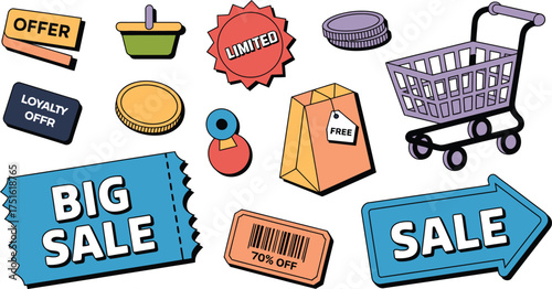 Cartoon Illustration of Retail Shopping Elements, Sale, Offer, Loyalty Program and Discounts