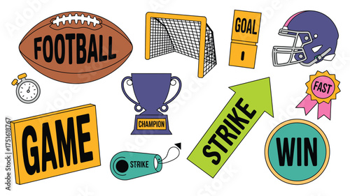Cartoon Football Game Elements Featuring Ball, Goal, Helmet, Clock, Trophy, Whistle, and Other Graphics
