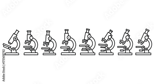 Collection of microscopes isolated on white background with different angles