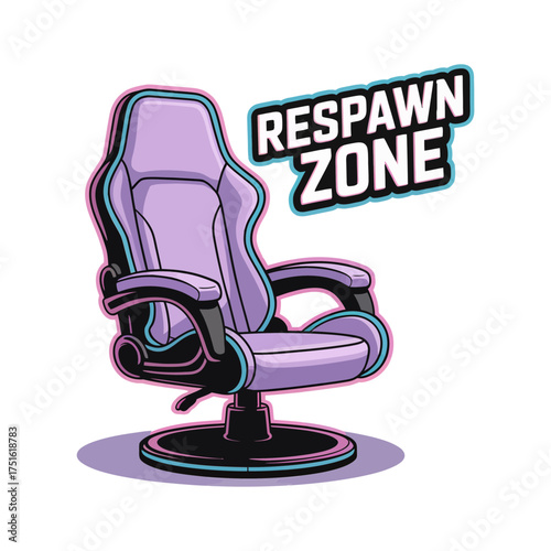 Comfort gaming chair, neon purple glow, respawn zone theme, futuristic gamer space, immersive setup graphic, modern vector