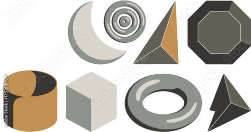 Collection of 3D Shapes Crescent, Concentric Circle, Pyramid, Octagon, Cylinder, Cube, Torus, and Tetrahedron