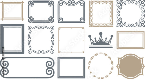 Collection of Ornamental Frames, Borders, and a Crown in Taupe and Slate Gray Colors