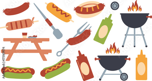 Colorful BBQ Grill Party Illustration with Hotdogs, Condiments, Picnic Table and Cooking Tools