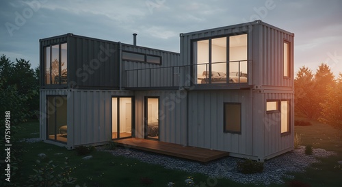 Modern Shipping Container House with Balcony and Deck at Dusk
