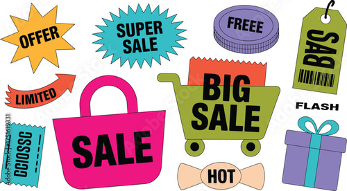 Colorful Cartoon Sale Signs Offer, Super Sale, Limited, Big Sale, Flash Sale, Free, Hot