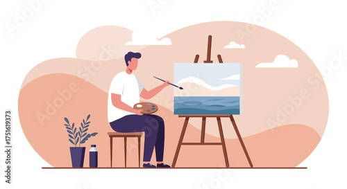 Man Painting a Seascape on Canvas with Easel and Palette