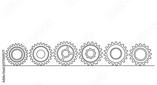 Six different gears lined up isolated on white background, vector illustration
