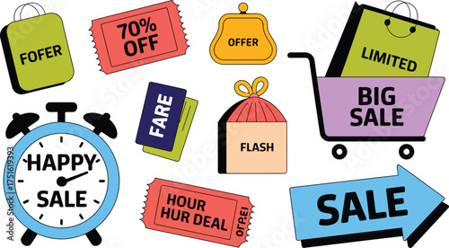 Colorful Cartoon Sales Graphics Shopping Bags, Price Tickets, Discount Offers, and Clock Illustration