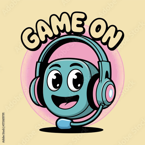 Game on gamer mascot, smiling controller face, headphones headset, retro arcade vibe, esports streaming sticker, vector illustration