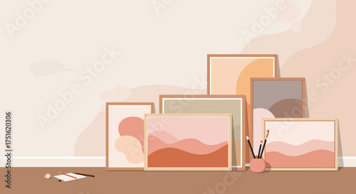 Collection of Framed Abstract Artworks in Earthy Tones